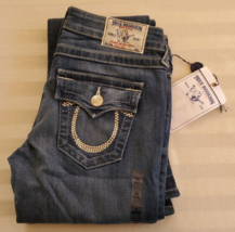 NWT True Religion Boot Cut Blue Demin Jeans Size 26 Swarovski Crystal Logo - £76.99 GBP