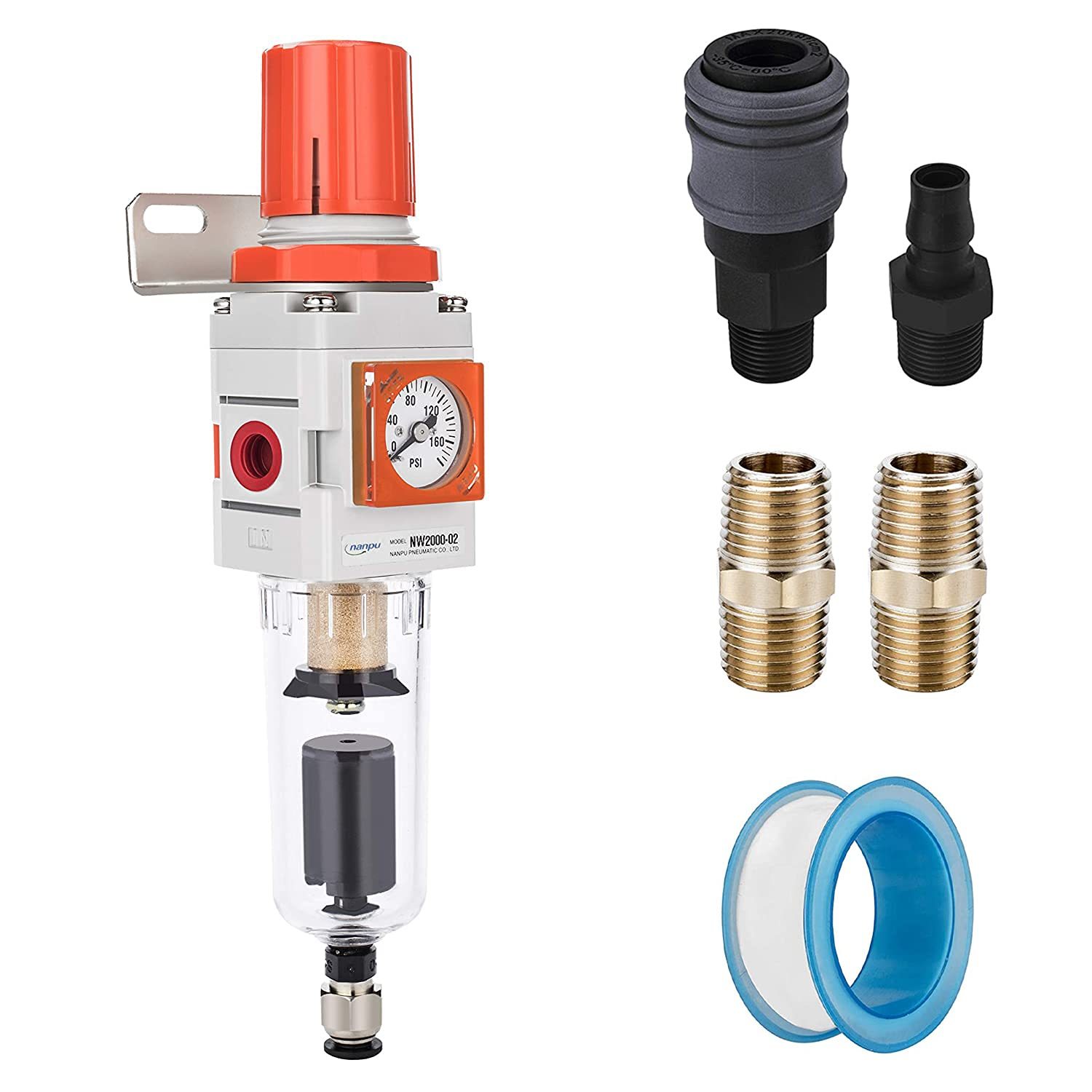 Compressed Air Filter/Regulator Piggyback Combination, Nanpu, Metal Brac... - $41.87
