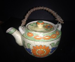 Vintage TT Takito Japan Teapot Hand Painted Floral Crackle Glaze Wood Handle - $12.86