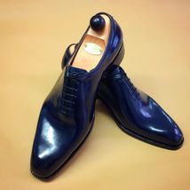 New Handmade Men&#39;s Blue Leather Oxford Lace up Plain Toe Dress Formal Shoes - £126.54 GBP