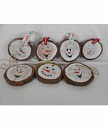 Handpainted Live Edge Wood Snowman Face Christmas Ornaments Set of 7 - $9.11