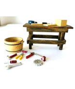 Miniature Dollhouse Wood Workshop Scene with Tools Rustic Table Bushel B... - £18.88 GBP