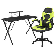 Black Gaming Desk and Green/Black Racing Chair Set Cup Holder Headphone Hook - £268.50 GBP