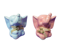 Vintage 1960s Set Of 2 Blue Pink Elephant Salt And Pepper Shakers W/Bows... - $11.88