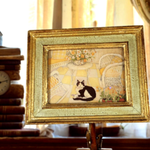 Black &amp; White Kitty Cat Small Framed Picture Gold Gild/Green Frame VTG  ... - $14.01