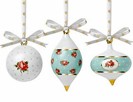 Royal Albert New Country Polka Rose 3 PC Ornament Set Ball Pinecone Tear... - £47.10 GBP