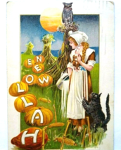 Halloween Postcard Fantasy Pumpkins Black Cat Owl Farmer Sun John Winsch 1913 - £93.42 GBP