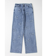 Dusk Blue Foiled Star Patchwork Straight Leg Loose Jeans - $693.67 MXN
