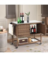 Outdoor Wicker Bar Cart: Patio Wine Serving Cart w/Wheels, Glass Top - $5,596.61 MXN