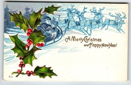 Santa Claus Christmas Postcard Blue Reindeer Sled Nash New Years 1910 Embossed - £13.08 GBP