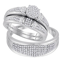10k White Gold Diamond Cluster His Hers Wedding Ring Band Trio Matching ... - $859.00