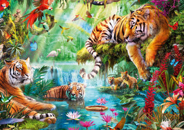 FRAMED CANVAS ART PRINT tigers lagoon jungle exotic animal flower birds tropical - £31.81 GBP+