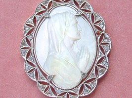 Antique Religious Praying Virgin Mary .53ctw Diamond Mother Pearl Pendant 1920 - £1,438.05 GBP