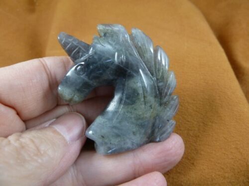 Y-UNIH-714) gray Unicorn head rearing GEMSTONE carving figurine chess st... - $13.32