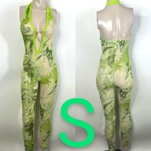 Lime Green Halter Marble Swirly Print Mesh Low Cut Pin Chain Jumpsuit~Size S - £29.64 GBP