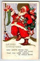 Santa Claus Christmas Postcard Toys Stocking Moon Cottage Vintage Embossed - £8.57 GBP