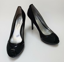 Guess Womens Shoes Heels Black Pumps Peep Toe Logo Fabric Size 8 M - £37.42 GBP