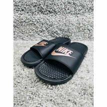 Womens Nike Benassi Size 7 Black Rose Gold Rubber Just Do It Slide Sandals - £15.88 GBP