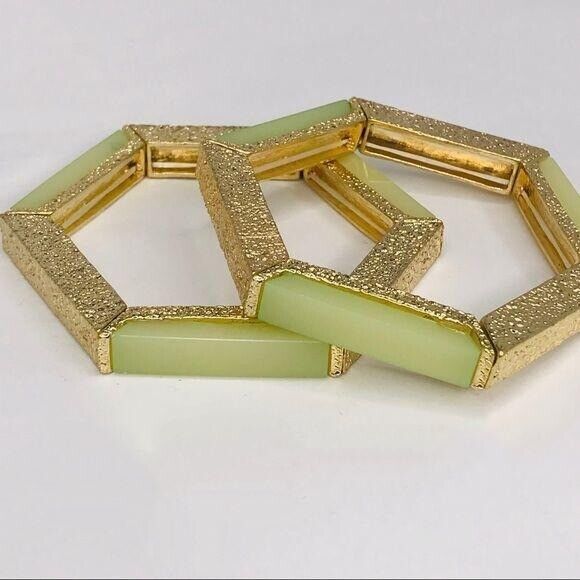 Geometric Stretch Bracelet Bangle Set Mint Green Gold Tone - $14.85