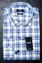 HUGO BOSS Uomo Gordon Facile Ferro Regular Fit Blu Plaid Cotone Camicia 37 14.5 - £51.26 GBP