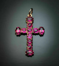 2.50Ct Oval Cut Simulated Ruby Cross Pendant 14K Yellow Gold Plated 18&quot; Chain - £52.44 GBP