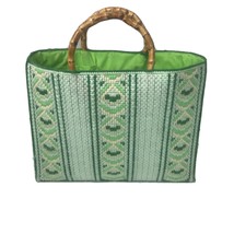 Vintage Handmade Plastic Canvas Tote  Green w/ Wood Handles - £21.03 GBP