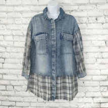 Hayden Los Angeles Shirt Womens Small Denim Plaid Raw Hem Oversized Grunge 90s - £16.40 GBP