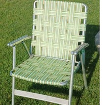 Vintage Folding Aluminum Chair Webbed Patio Lawn Chair GREEN white Yellow - £38.69 GBP