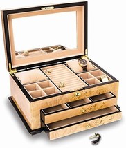 Birdseye Maple Lacquered Wood 3 Level Jewelry Box with Gold Accents &amp; Lo... - £242.66 GBP