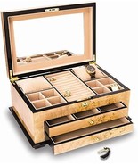 Birdseye Maple Lacquered Wood 3 Level Jewelry Box with Gold Accents &amp; Lo... - £244.53 GBP