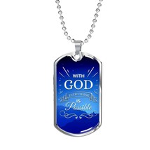 God All Things Possible Blue Necklace Stainless Steel or 18k Gold Dog Tag 24&quot; C - £37.92 GBP+