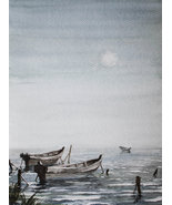 Lake River Boat Landscape Watercolour Painting Ukrainian Art Original Mi... - £78.18 GBP