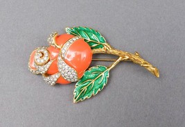 Ciner Signed Vintage Gold Tone Coral Enamel Rhinestone Flower Rose Brooch - £234.31 GBP