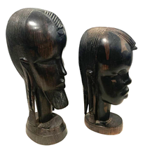 2 Hand Carved African Man &amp; Woman Tribal Sculptures Bust Ebony Heavy Wood - £117.00 GBP