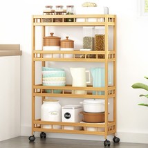Tie-Dailynec 4-Tier Bamboo Kitchen Rolling Cart Removable Wood Trolley I... - £41.45 GBP