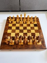 Vtg Wooden Chess Set w fold up Folding Wood Board Storage case Container travel - £38.91 GBP