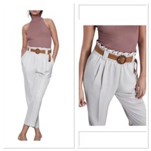 ZARA Tan High Waist Paperbag Cropped Pants Brown Raffia Belt Women Size XXL New - £34.08 GBP