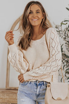 Beige Hollow-out Puffy Sleeve Knit Sweater - £27.42 GBP
