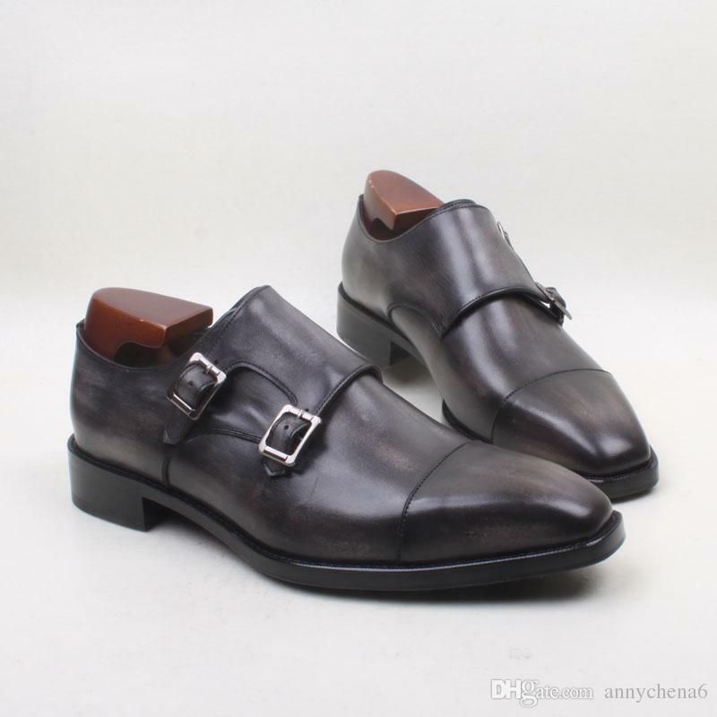Customized Black Monk Shoes Double Buckle Strap Cape Toe Premium Quality Leather
