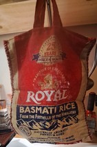 Royal Basmati Rice Tote Bag Purse Red Natural Burlap Sackcloth Zippered 14x17 - £7.99 GBP