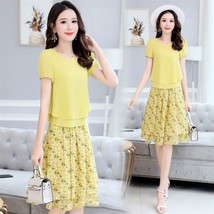 2 new summer women office two piece sets casual short sleeve t shirt and floral chiffon thumb200