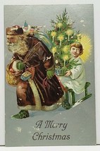 Christmas Old World Santa Brown Robe Pulling Angel on Sled with Tree Postcard J1 - £23.55 GBP