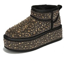 Robbin Kyumi Rhinestone Studded Platform Boots Womens 7 Black Gold Fur L... - £59.51 GBP