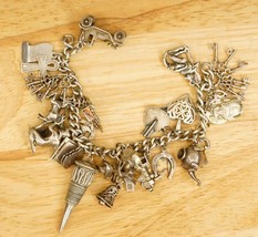 Estate Jewelry 925 Sterling Silver 24 Charm Bracelet Keys Teapot Train C... - $450.44