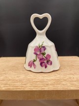 Small Ceramic Bell Purple Violets Heart Shaped Handle Gold Accent Bell Decor - £5.42 GBP