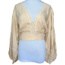 BOG Band of the Free Brie Light Camel Long Sleeve Top Lace Insets V Neck Medium - £17.34 GBP