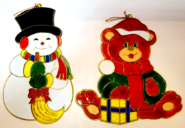 2 Vintage Christmas Holiday Suncatcher Window Decor-Stained Glass Look Snowman - £15.81 GBP