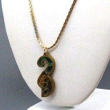 Modernist Brass Pendant Necklace with Stone and Resin Inlay, Retro Abstract Boho - £29.50 GBP