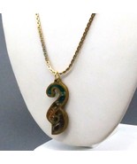 Modernist Brass Pendant Necklace with Stone and Resin Inlay, Retro Abstr... - £29.68 GBP