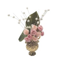 Vintage Pink Rose Vase Brooch Gold Tone Gaudy Large Statement Unique  - £6.75 GBP